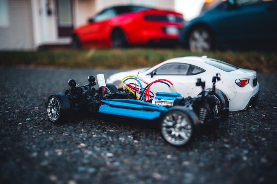 The chassis of an RC car showing its electronics