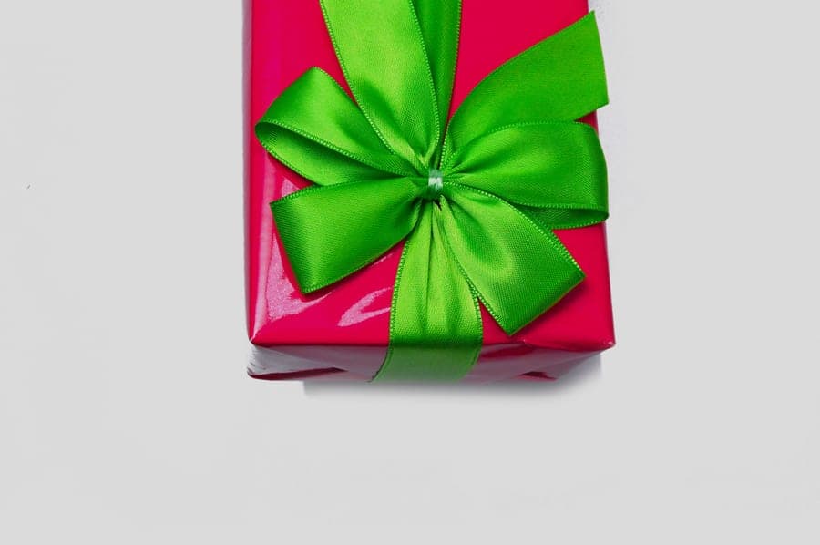 A wrapped gift box tied with ribbon